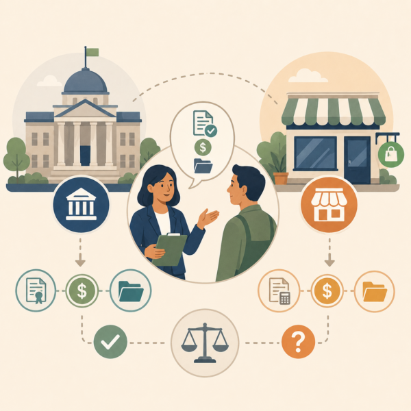 Visual pathway connecting city finance office, business tax obligations, and taxpayer support