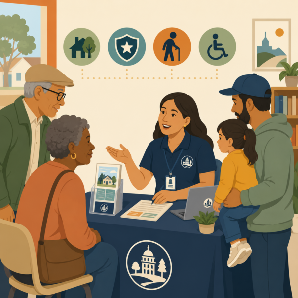 Assessor office staff helping residents learn about homeowner exemption programs at an outreach table