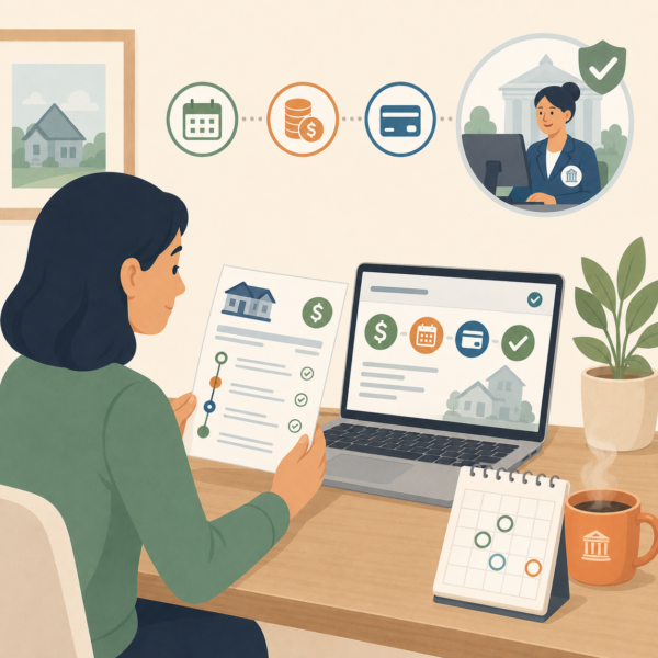 Homeowner reviewing a property tax bill with due date, payment, and support icons