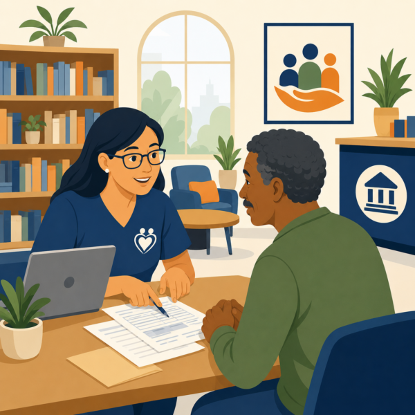 Community partner providing tax help materials inside a library setting.