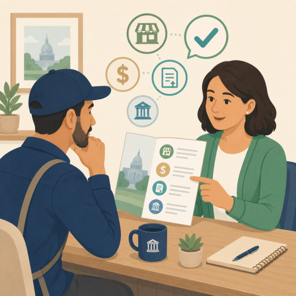 Local business owner meeting with revenue staff to understand business tax responsibilities
