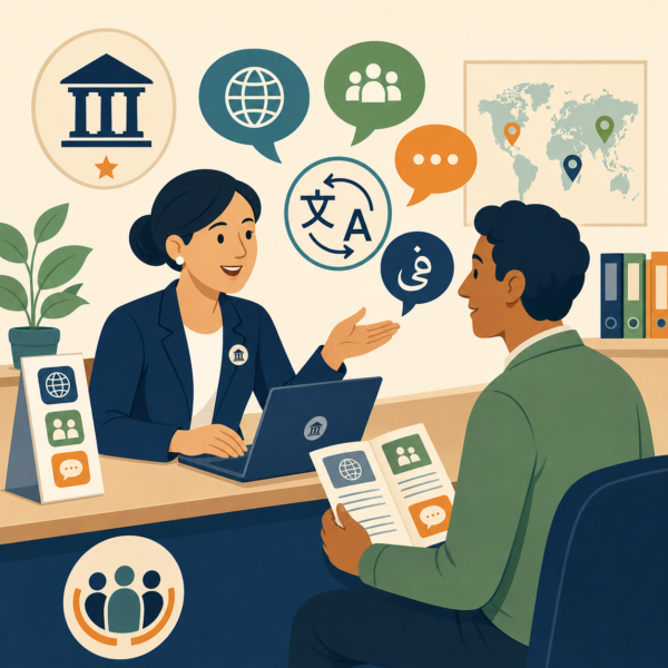 Revenue agency staff helping a taxpayer understand tax information in multiple languages