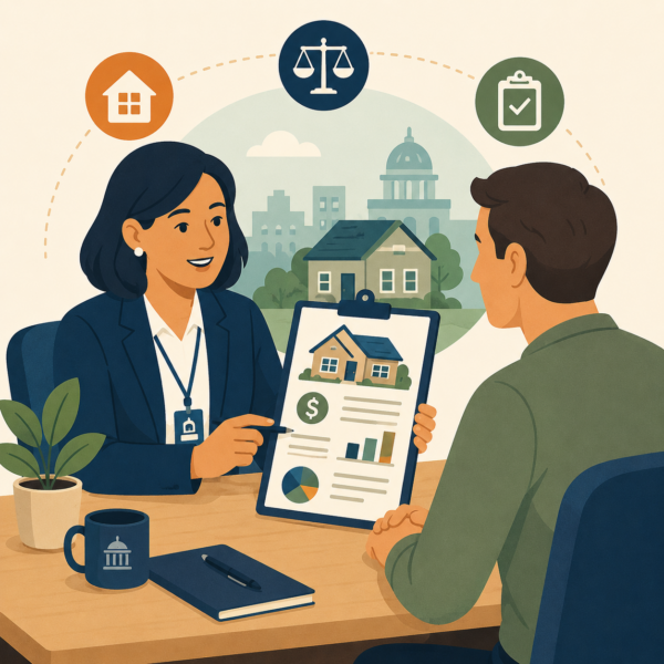 Assessor office staff explaining a property assessment notice to a homeowner
