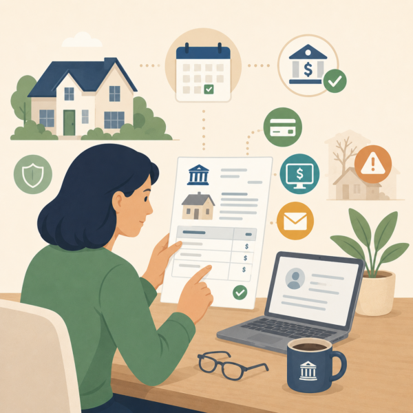 Taxpayer reviewing property tax payment options through a laptop and mailed bill
