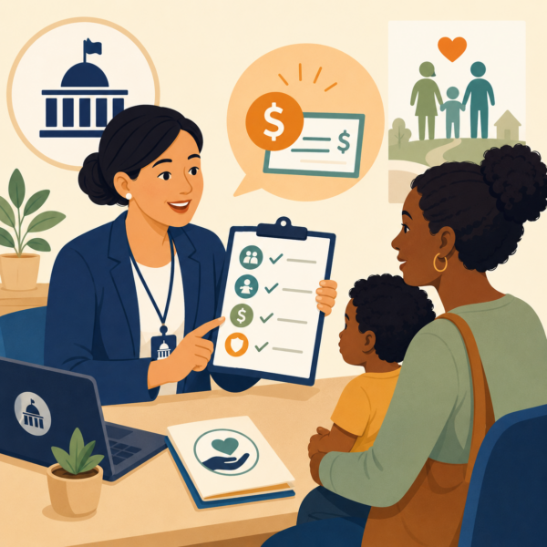 Revenue agency staff explaining refundable credit eligibility to a parent with children.