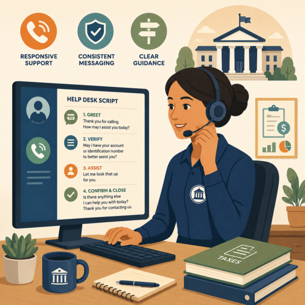 Revenue agency call center representative using a clear help desk script while assisting a taxpaye