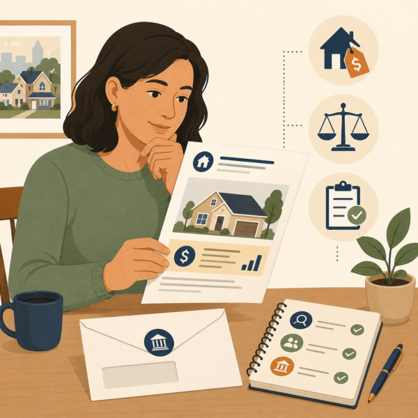 Homeowner reviewing a property valuation notice with home value and assessment icons