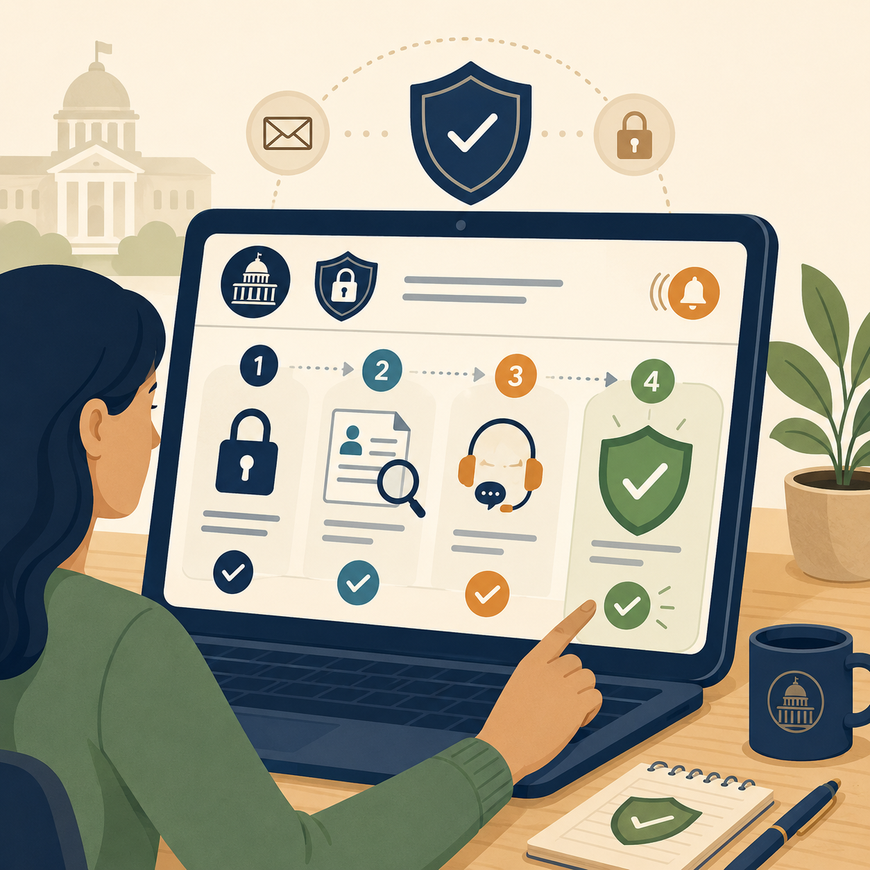 Secure incident response workflow showing identity review, support, and protection steps.