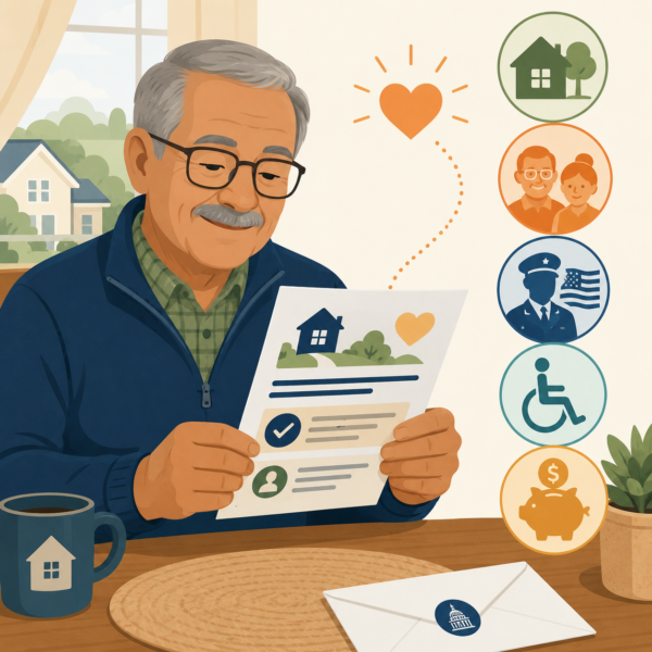 Senior homeowner reviewing a property tax exemption notice at home