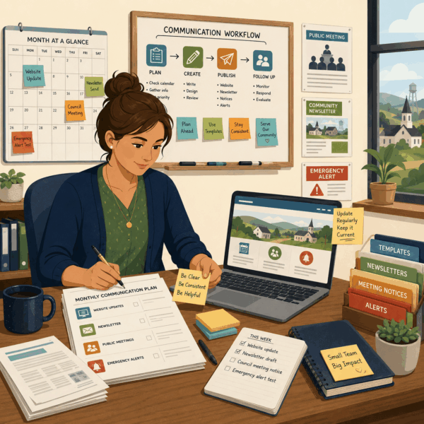 Local government employee organizing a communication calendar, reusable templates, website updates, newsletters, meeting notices, and emergency alerts in a small municipal office