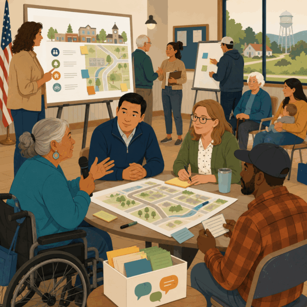 Diverse residents and local officials reviewing a community project map, asking questions, and sharing feedback during an accessible small-town listening session