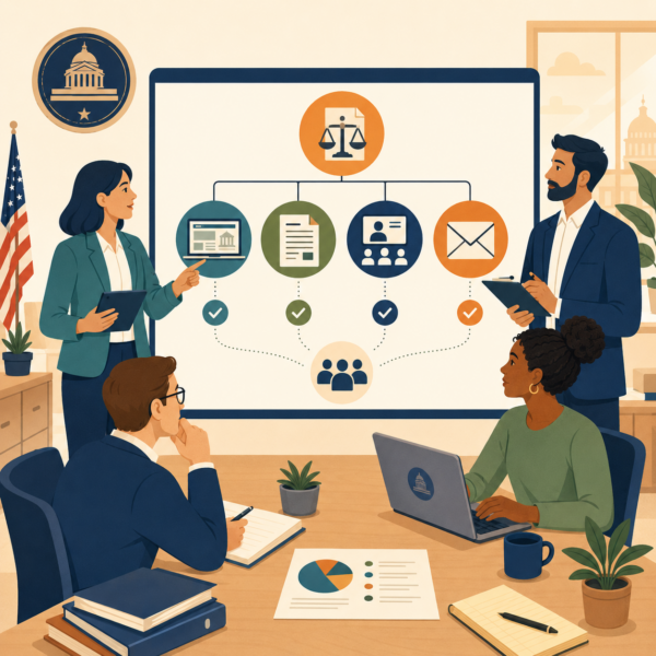 Agency team planning communication across channels for a tax law change