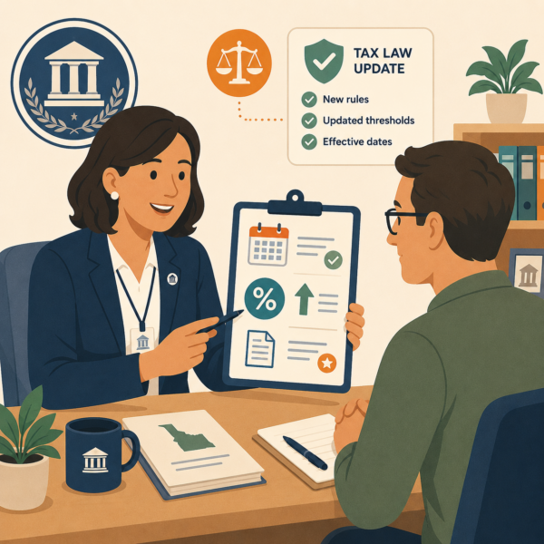Revenue agency staff explaining a tax law update with deadline, rate, and form icon