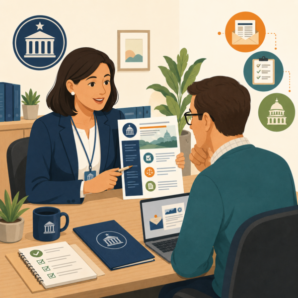 Tax professionals attending a revenue agency webinar with charts and update materials.