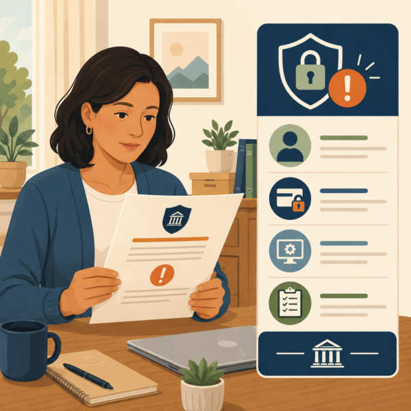 Taxpayer reviewing a data security incident notice with protection and warning icons