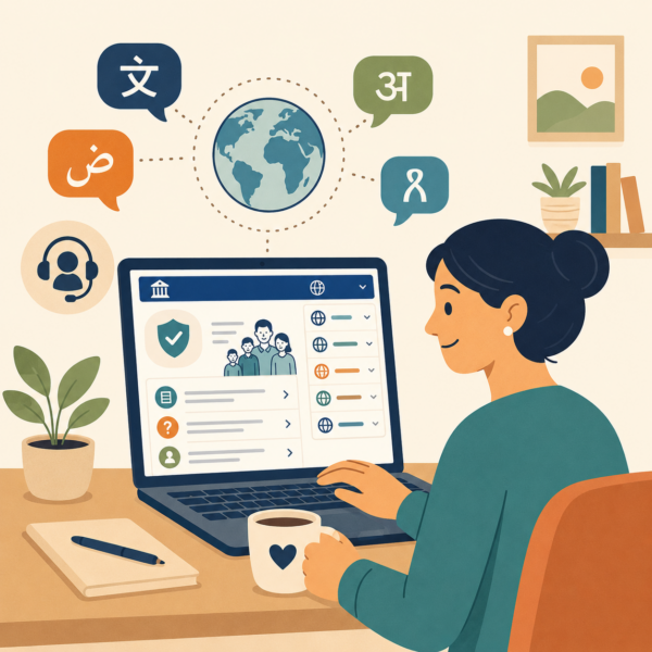 Taxpayer using an online tax service with multilingual communication and language access icons