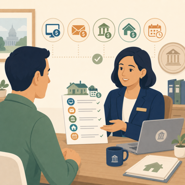 Treasurer office staff explaining property tax bill details and payment options to a resident