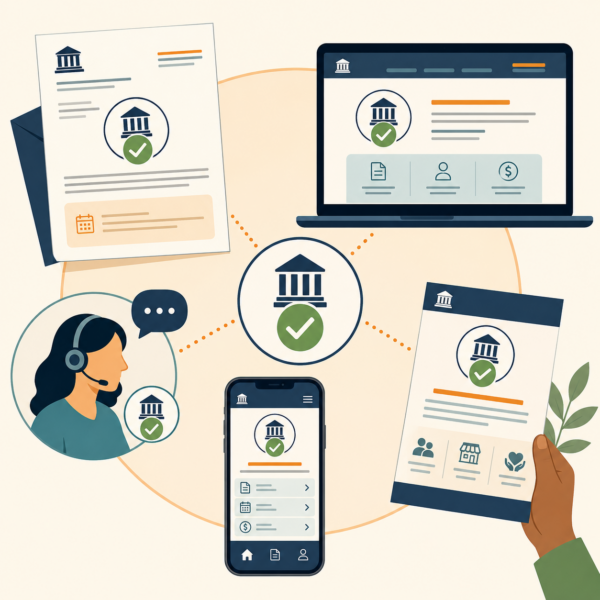 Consistent revenue agency message shown across notice, website, portal, phone, and partner channels.