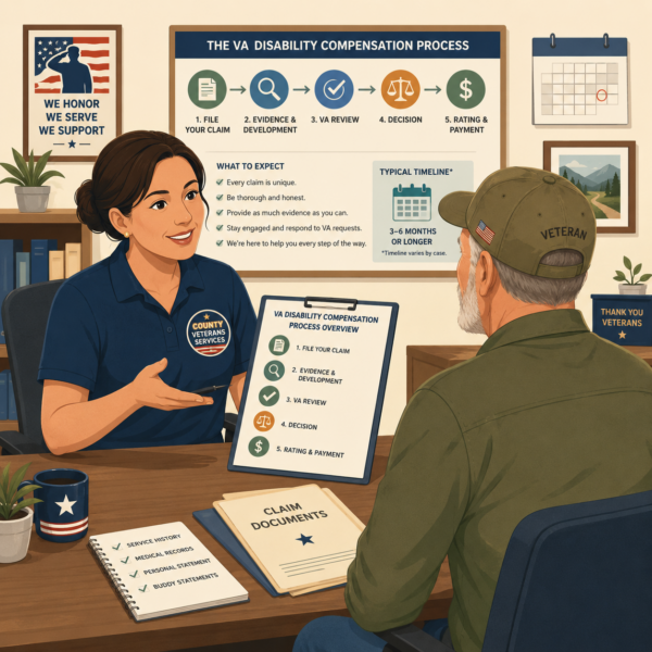 County veterans services office staff explaining the VA disability compensation process to a veteran