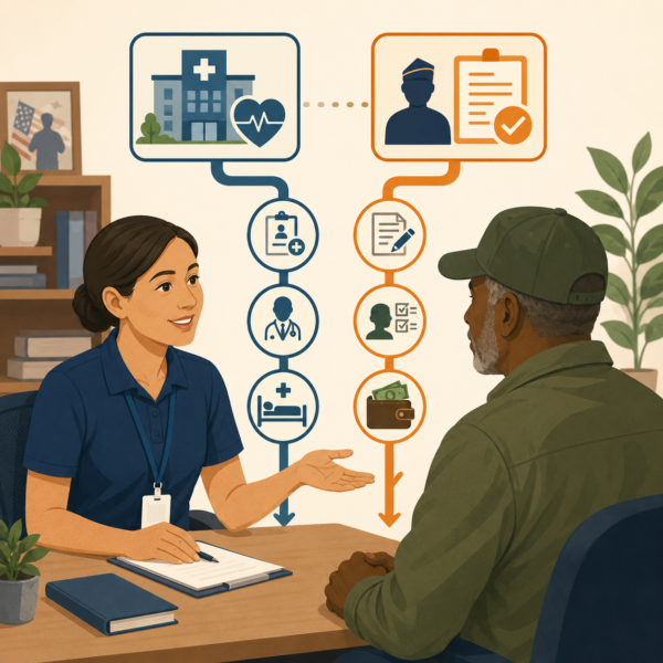 Veterans services representative explaining the differences between VA healthcare enrollment and VA disability compensation