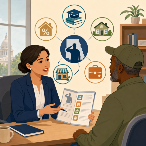 State veterans affairs staff explaining state-specific benefits that complement federal VA programs