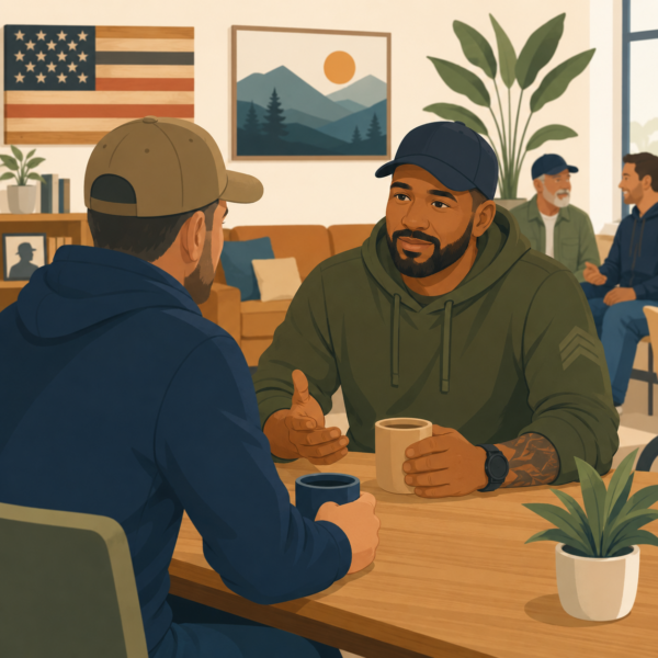 Veterans services staff engaging veterans through trusted suicide prevention outreach in a community setting