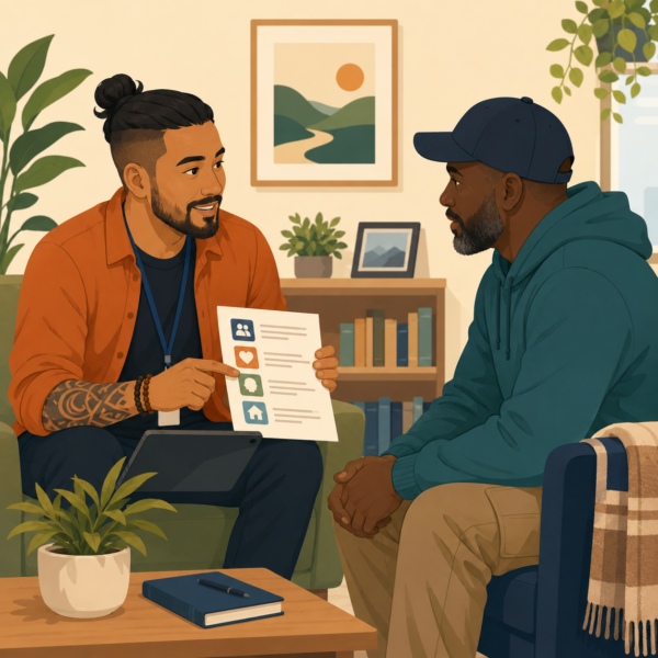 Veteran peer support specialist speaking with another veteran during a community outreach event