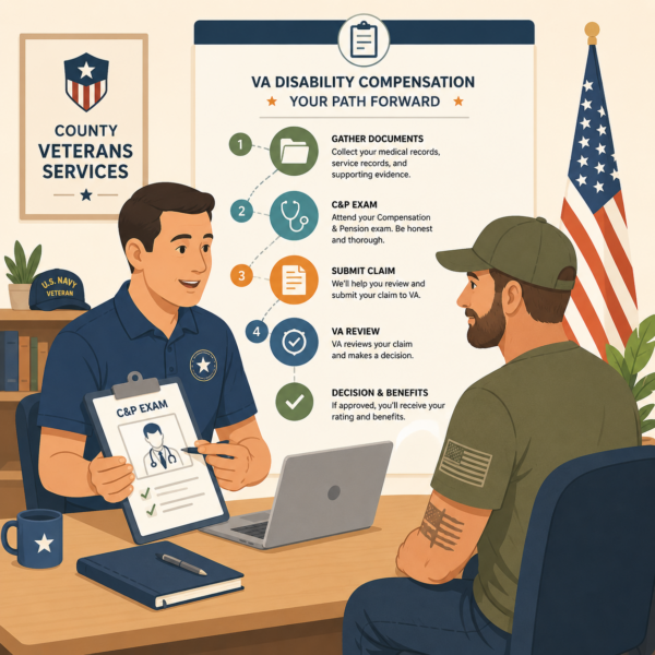 Veterans services representative helping a veteran understand disability claim requirements and next steps