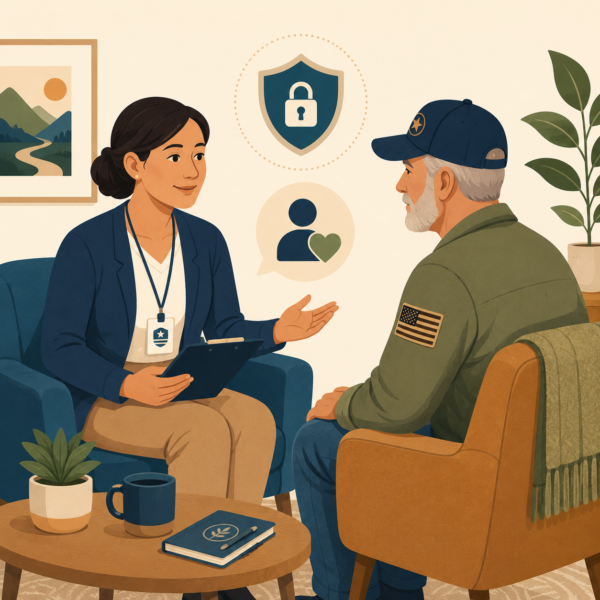 Veterans services agency providing trusted information about mental health resources during a community outreach event