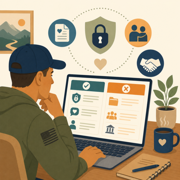 Veterans services representative discussing mental health services with a veteran in a supportive and respectful setting