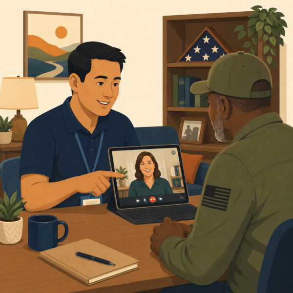 Veterans services representative explaining telehealth mental health services to a veteran using a tablet during an outreach event