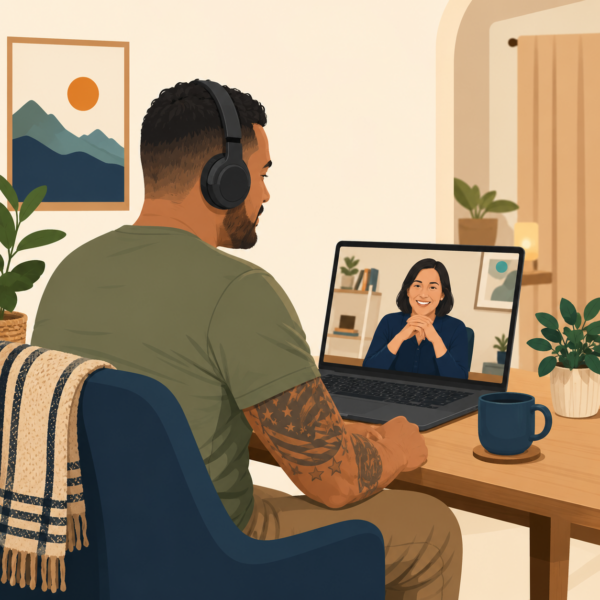Veteran participating in a telehealth mental health appointment after receiving guidance from a veterans services agency