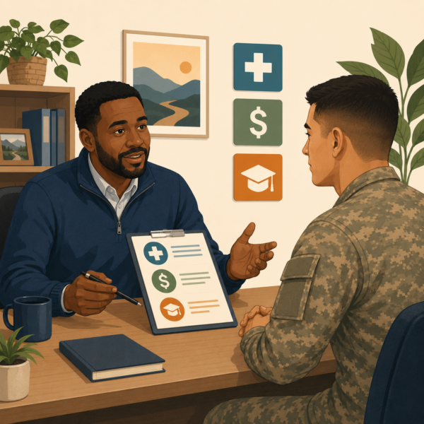 National Guard and Reserve members receiving information about available VA benefits and support services from a veterans services agency