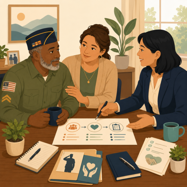 Military family members meeting with a veterans services agency to learn about programs and support for veterans