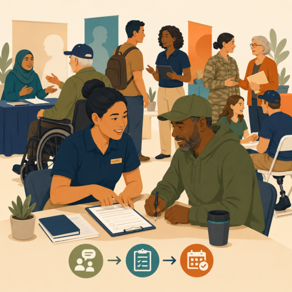 Veterans speaking with service providers at a community veterans expo to access benefits and support resources