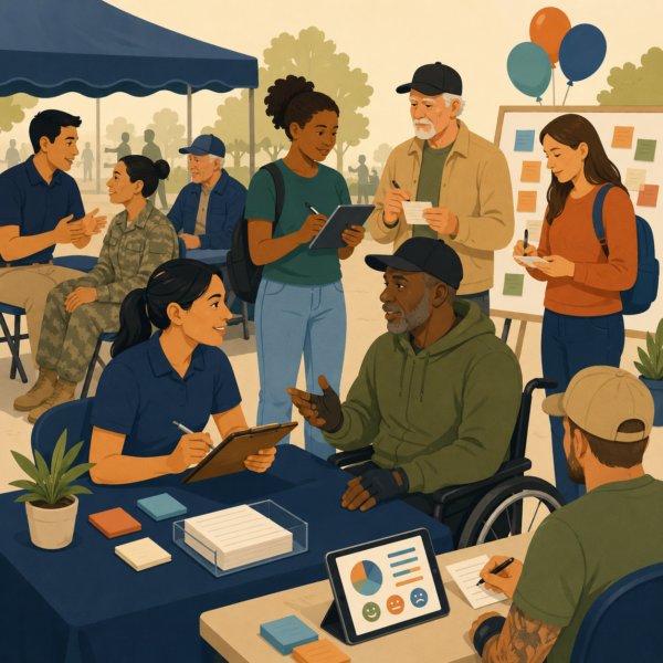 Veterans services staff using accessible communication tools and inclusive design to help veterans with disabilities understand available benefits and services