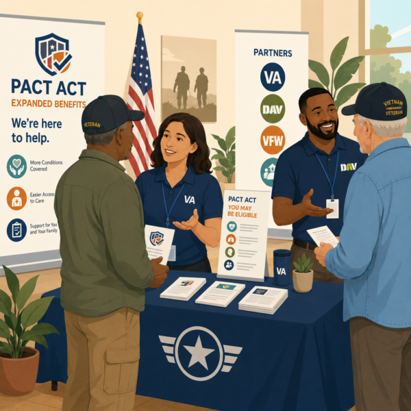 Veterans services representative helping a veteran understand PACT Act benefits and claim eligibility