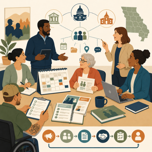 Veteran with a disability accessing benefits information through accessible digital and printed communication provided by a veterans services agency