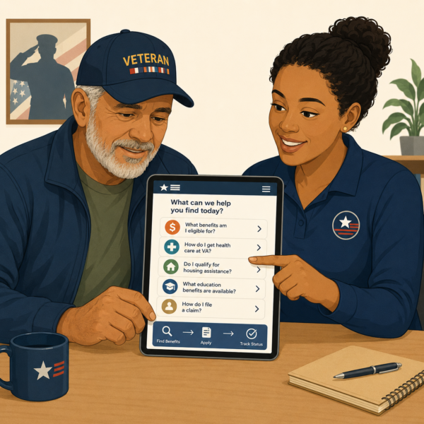 Veterans services representative helping a veteran understand federal benefit information using clear and simple language