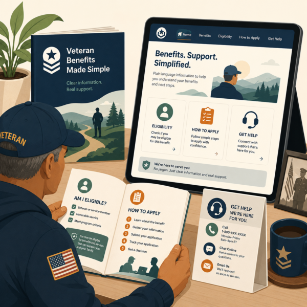 Veterans services agency providing easy-to-understand benefit guides that translate complex federal program information into practical guidance for veterans