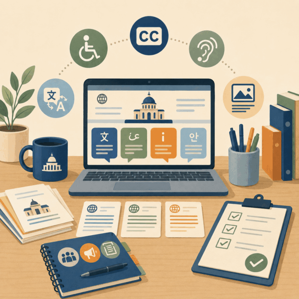 Government communication workspace with multilingual content, closed captions, hearing accessibility, translation, and accessible document tools displayed around a laptop.