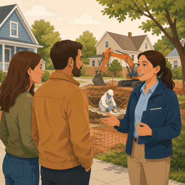 Regional environmental specialist speaking with homeowners beside a neighborhood remediation project.