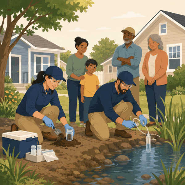 Environmental field team collecting soil and groundwater samples near residential properties.