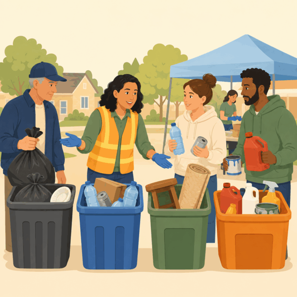 Environmental health educator helping residents sort trash, recycling, bulky waste, and hazardous household materials.