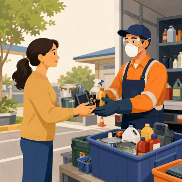 Resident safely transferring paint, batteries, electronics, and chemicals to a trained waste collection worker.