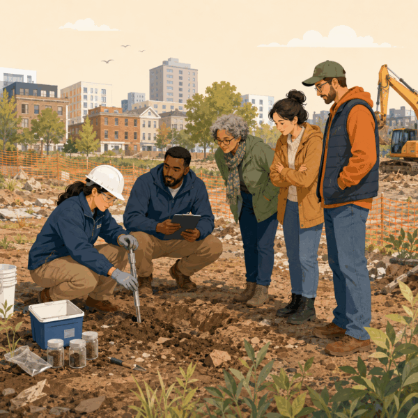 Environmental specialists monitoring soil conditions throughout a long-term land remediation project.