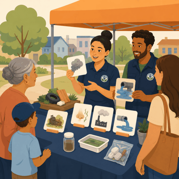 Environmental health staff teaching residents how to report smoke, odors, dumping, and water pollution.