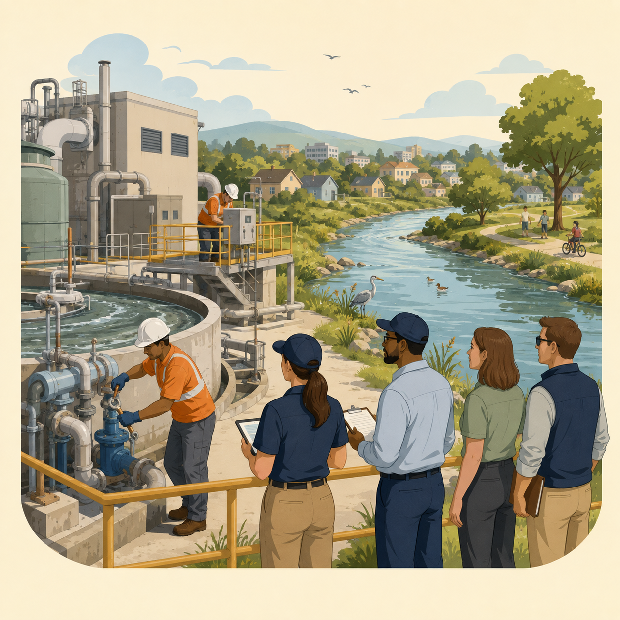 Water quality inspectors collecting follow-up samples and evidence at an industrial outfall.
