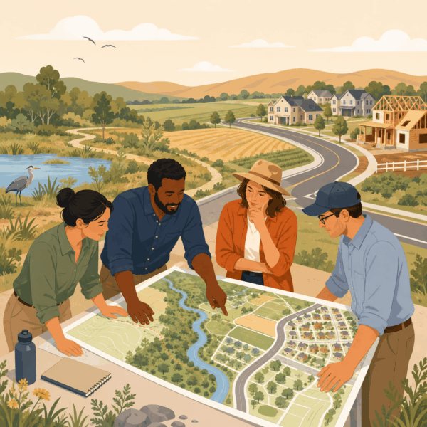 Planning staff reviewing a land-use map showing farmland, habitat, roads, homes, and proposed development.