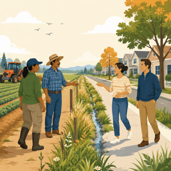 Residents and agricultural workers discussing buffers, drainage, traffic, and farm operations along a shared boundary.